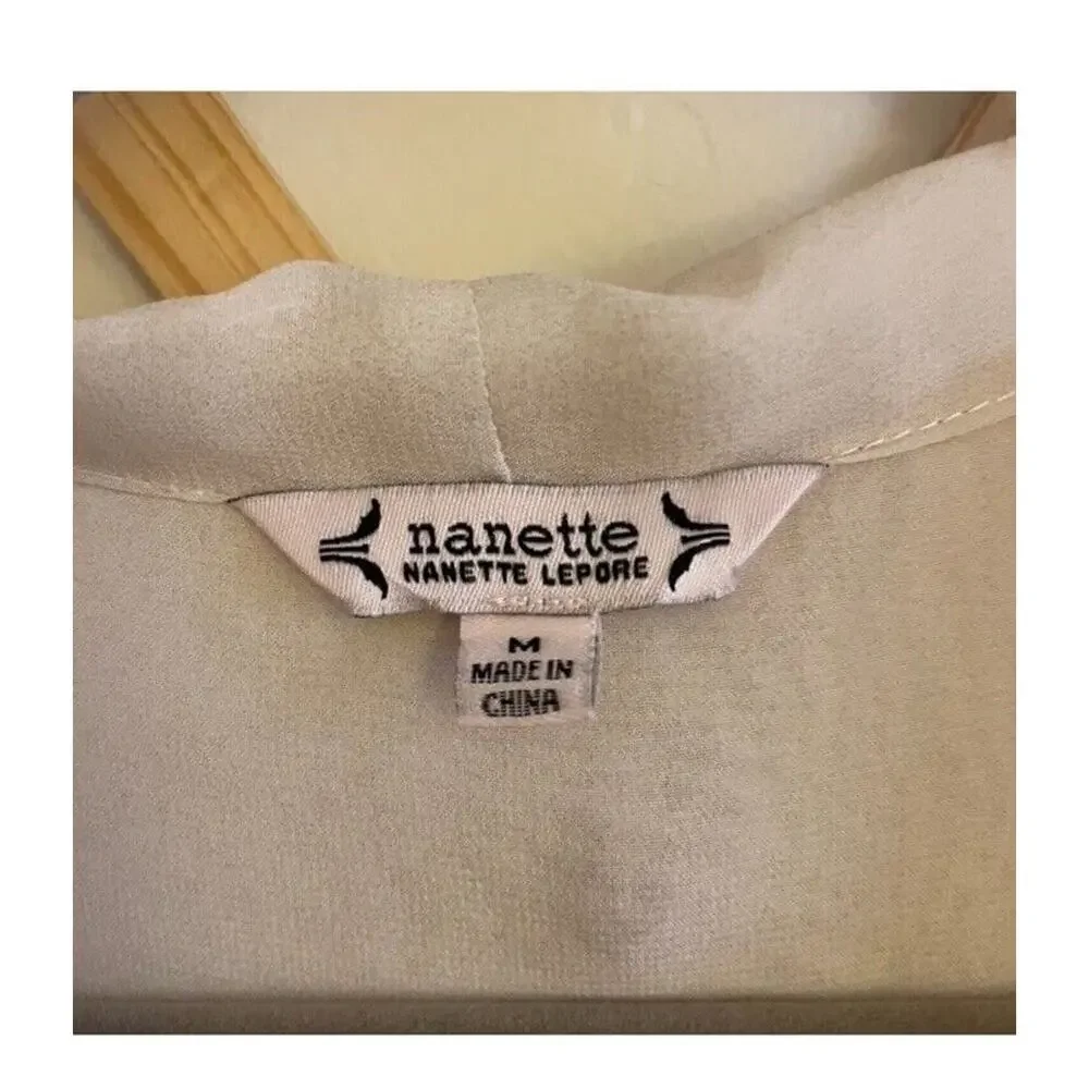 Nanette Lepore Top Women's Medium Cream Pleated Blouse Tie Long Sleeve Sheer - Picture 3 of 6